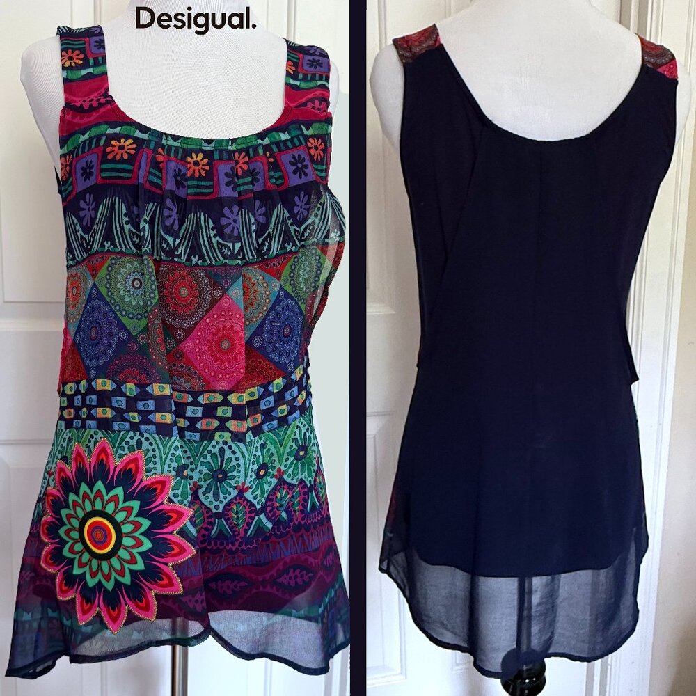 Desigual Sleeveless Blouse Tunic Top Floral Multicolor, Small